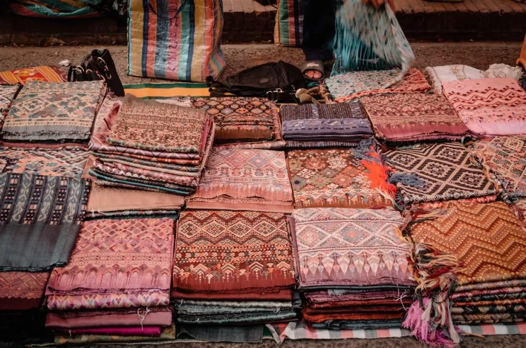 fabrics and scarfs at the Luang Prabang Night Market, Laos