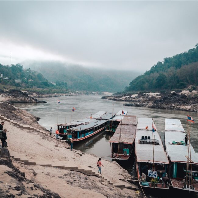 Slow boats from Luang Prabang to Thailand at the Pak Beng boat dock