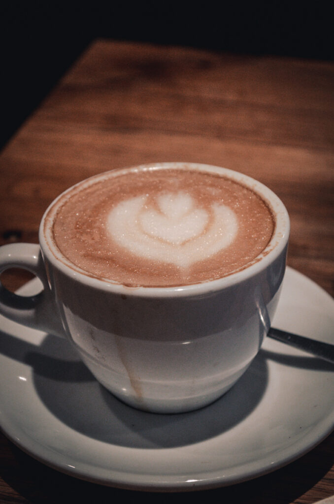 Ivy Bistro, a vegetarian laid-back breakfast and lunch spot. This is a cappuccino with oat milk