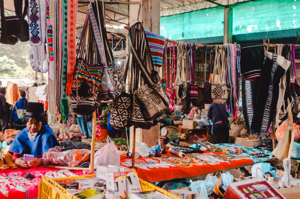 Traditional bags and jewelry for sale at he Guambino market in Silvia, Colombia