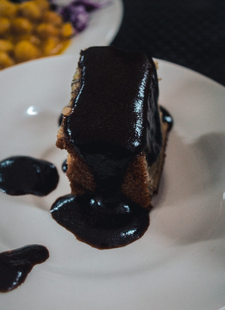 Banana cake with chocolate sauce at Pita's buffet, Medellin, Colombia
