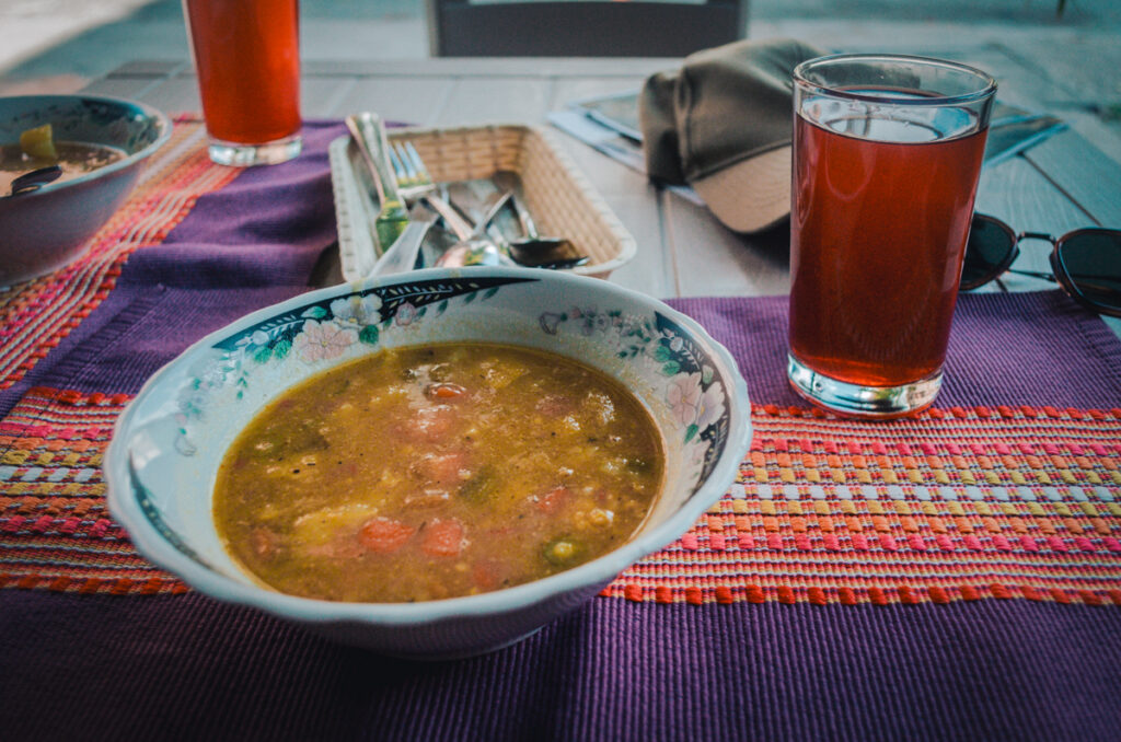 Vegan soup and cold aromaica at Las Veganas, Medellin, Colombia