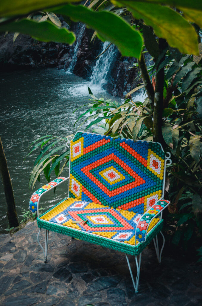 Marinka Waterfalls, Minca, Colombia: benches made from bottle caps