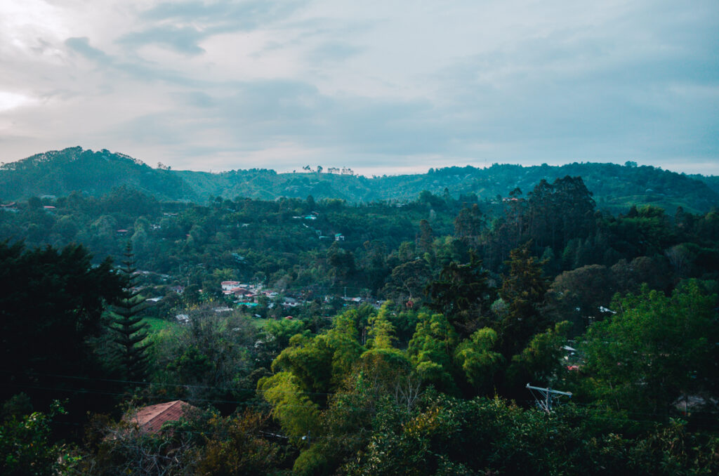 A serene evening view over Boquia near Salento, Colombia, with undulating hills and dense foliage blanketing the landscape. The area is sprinkled with small houses amidst the vibrant greenery, under a sky with soft hues of blue and faint pink at twilight, capturing the tranquil atmosphere of the region.