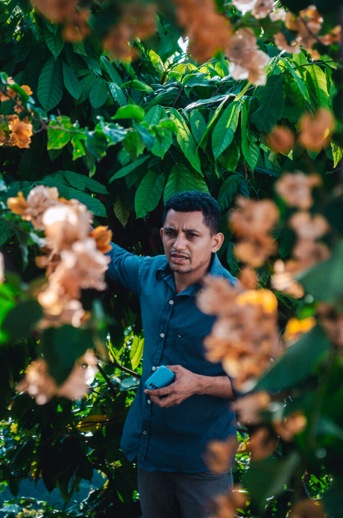 La Candelaria coffee and cacao farm, Minca, Colombia. This photo shows the guide picking cocoa fruit from the trees.
