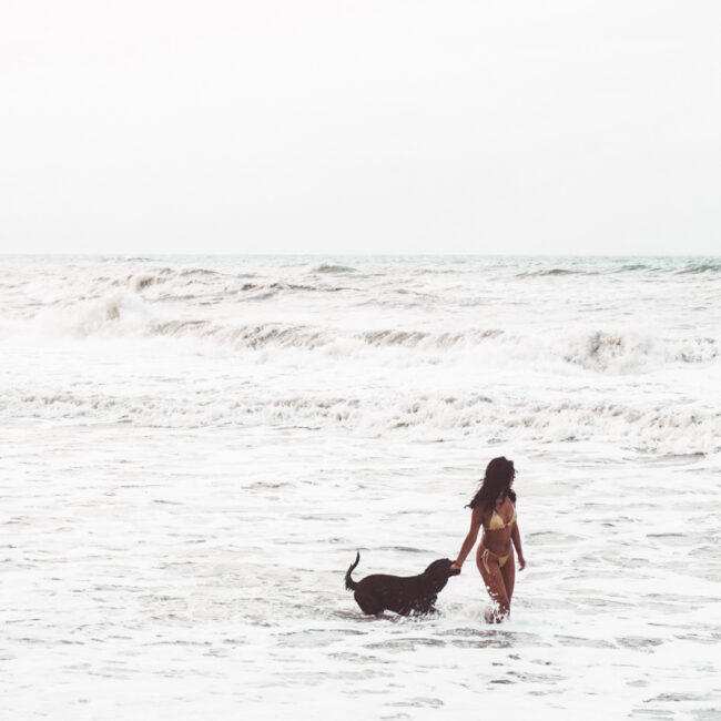 Minca to Palomino- Beach of Palomino, Colombia. A local woman is walking with her dog in the sea.