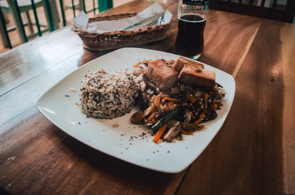 A vegan meal featuring a vegetable and tofu stir-fry with a side of wild rice, served at Serendipia in Salento, Colombia, accompanied by a refreshing dcoke zero presenting a fusion of local flavors with international vegetarian cuisine.