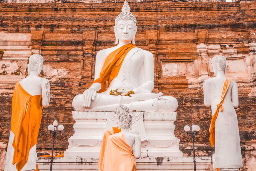 White stone Buddha statues draped in bright orange cloth contrast with the aged bricks of Ayutthaya's temple ruins. These serene figures embody the spiritual legacy of Thailand and illustrate why this ancient city is a remarkable day trip for visitors from Bangkok, offering a peaceful retreat and a touch of spiritual reverence.