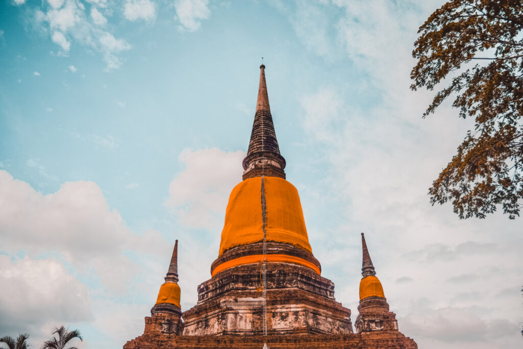 A majestic golden spire of a chedi rises against a soft blue sky scattered with clouds in Ayutthaya, Thailand. The spire, wrapped in a vibrant yellow cloth, signifies reverence and is characteristic of Thai temple architecture. Below, the ancient brick base of the structure showcases the historical significance and enduring beauty of the region. Framed by the silhouetted foliage of a tree to the right, the image captures a tranquil yet striking aspect of Thai cultural heritage.