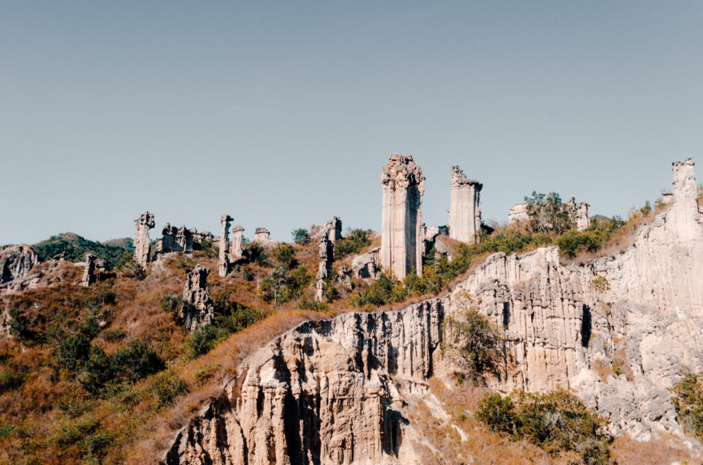 A panoramic view of Los Estoraques Unique Natural Area, showcasing an array of tall, slender rock formations known as earth pillars, standing amidst the rugged terrain with a clear blue sky above.
