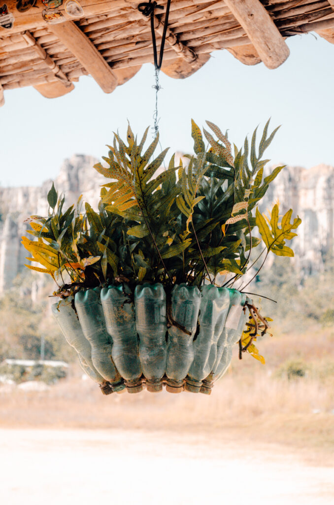 An upcycled hanging planter made of green plastic bottles filled with vibrant ferns, with the contrasting clay formations of Los Estoraques Unique Natural Area visible in the distance.