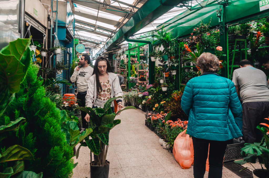 Shoppers peruse through an aisle surrounded by lush green plants and vibrant flowers at the Paloquemao market in Bogota, adding a touch of nature to the shopping experience.