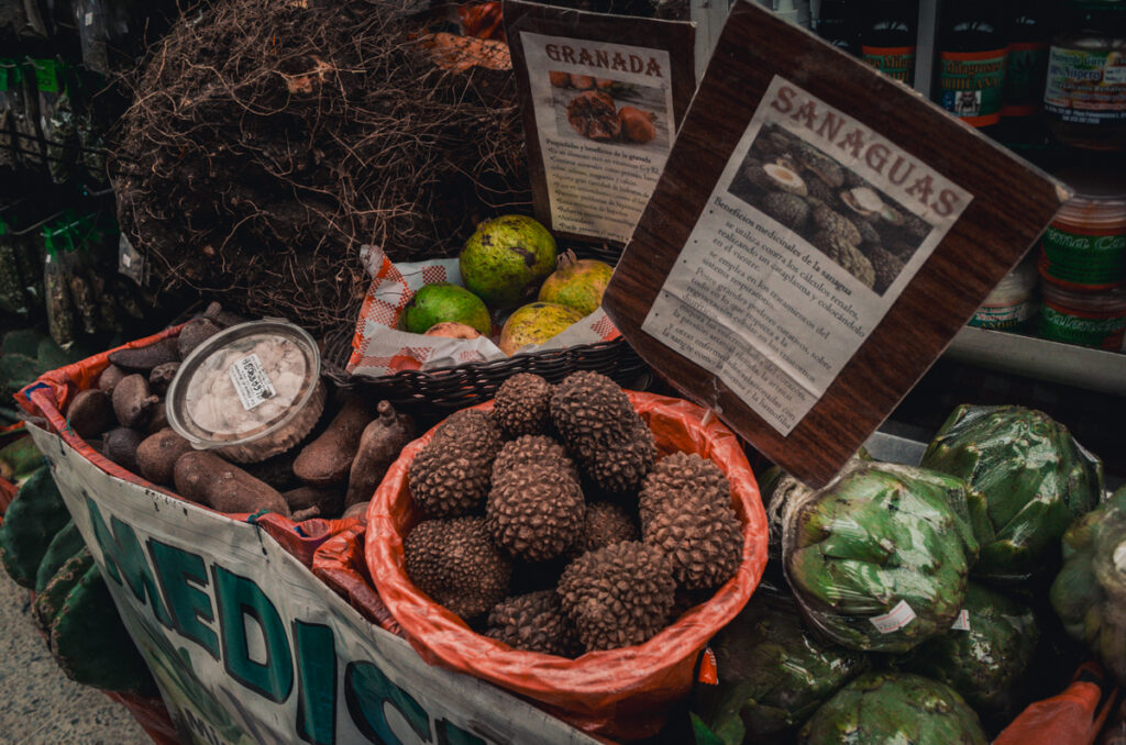 Exotic fruits and traditional remedies on display at Paloquemao market in Bogota, Colombia, featuring the spiky sanagua fruit, alongside informational signs about 'Granada' and 'Sanaguas' and their health benefits.