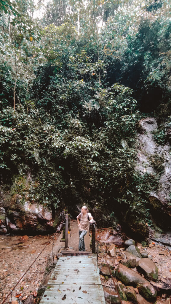 A traveler pauses to reflect on a wooden bridge amidst the dense greenery in front of the Santa Rita waterfall near Salento, embodying a moment of tranquility and exploration.