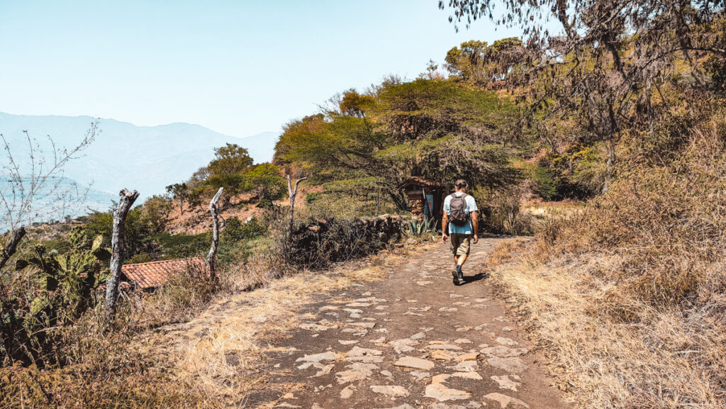 A man hikes on a stone path lined with dry grass and small bushes, leading through a scenic route from Barichara to Guane in Colombia. The trail offers expansive views of the mountains, illustrating the serene yet arid environment.