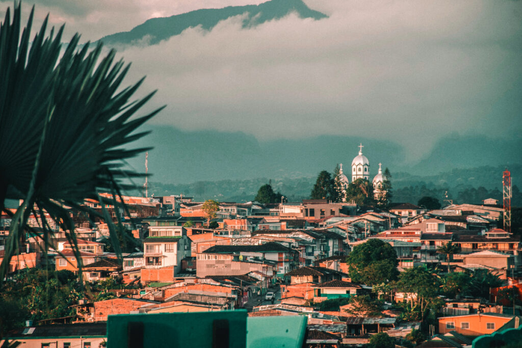 This image captures a picturesque view of Filandia, Colombia, with a prominent white church with blue domes standing out amidst densely packed colorful houses, set against a backdrop of lush mountains and a hazy sky. The palm fronds in the foreground add a tropical touch to the urban landscape.