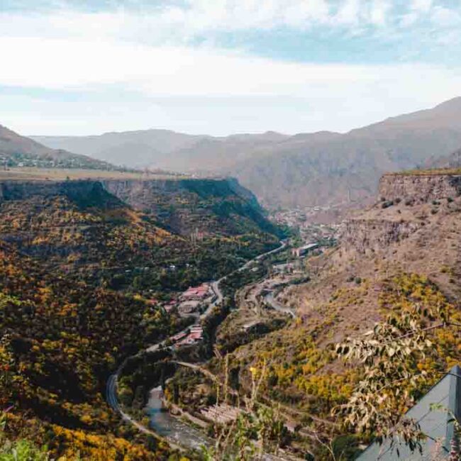 The gorge of the Debed Canyon in fall colors with the city of Alaverdi located deep down in the gorge.